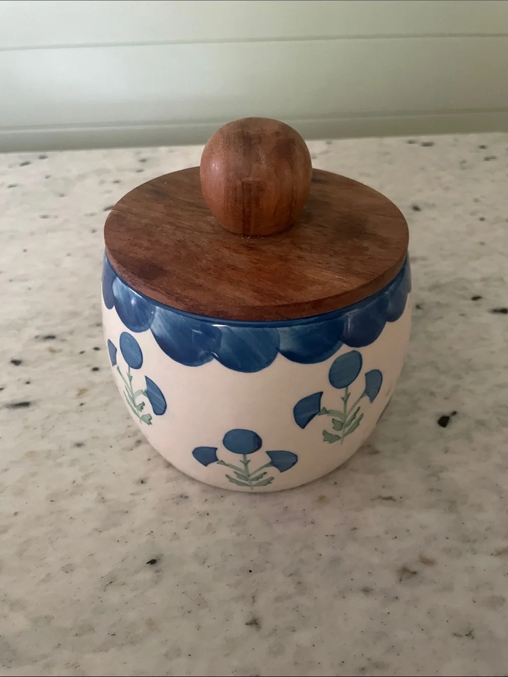 Hand-Painted Ceramic Jar with Wood Lid - Blue Floral